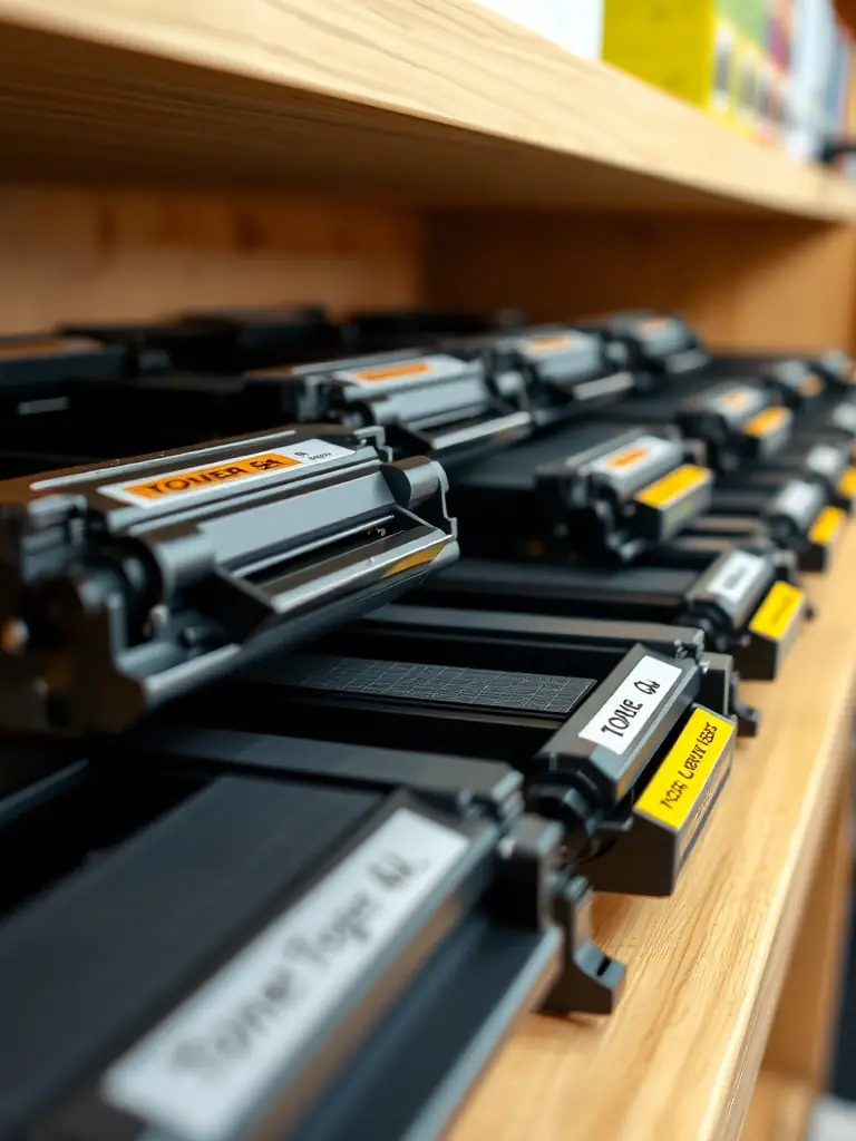 A photo of various toner cartridges for laser printers, neatly organized on a shelf.