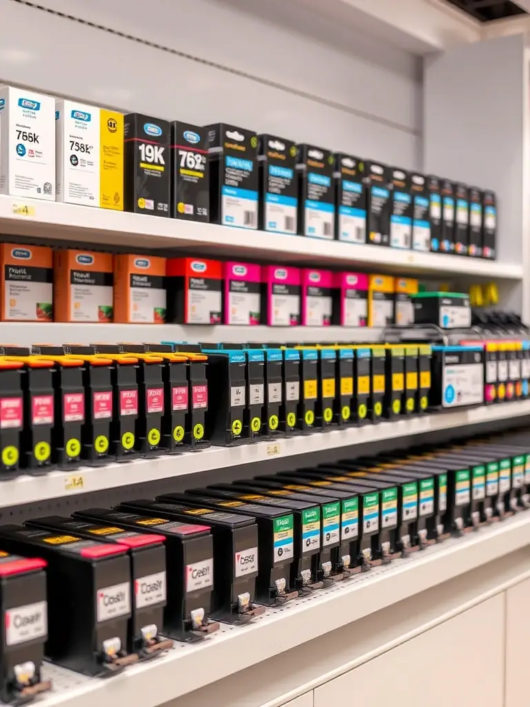 An image of a diverse range of printer cartridges (ink and toner) neatly organized, showcasing the breadth of Mystic Print Edge's product offerings.