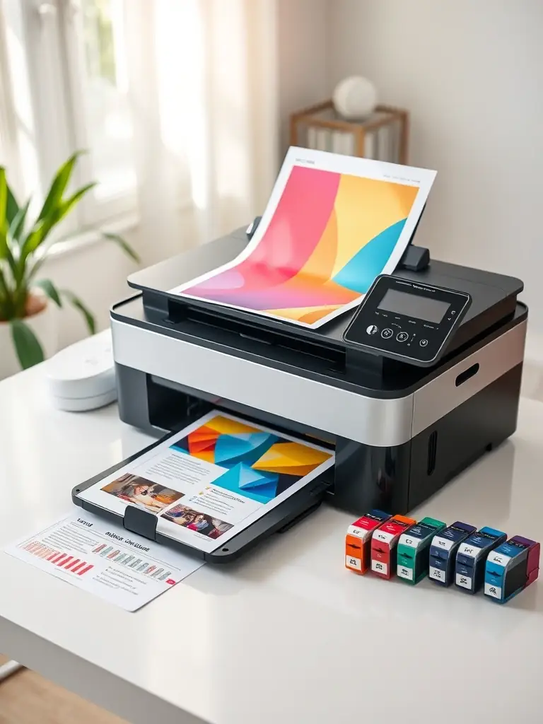 An image showcasing a modern inkjet printer printing a colorful document, with ink cartridges displayed nearby.