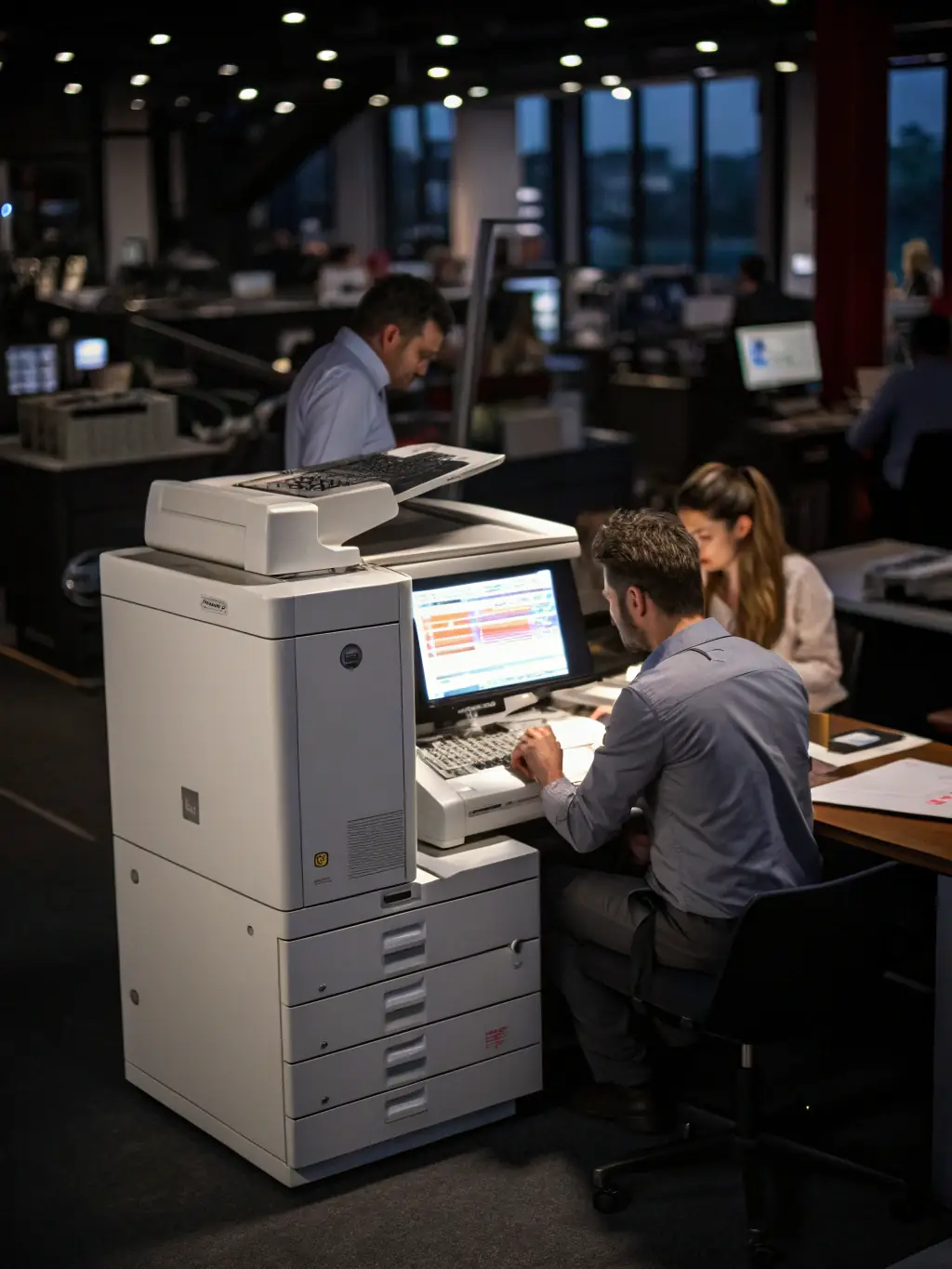 An image featuring a high-volume laser printer in a busy office environment, with employees working and documents being printed, highlighting its efficiency for office use.