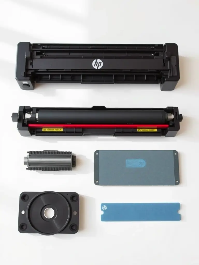 An assortment of printer accessories, such as cables, cleaning kits, and replacement parts, arranged on a clean surface.