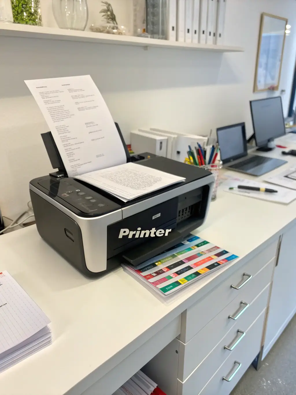 An image showcasing a compact inkjet printer on a desk in a home office setting, with family photos and a laptop in the background, emphasizing its suitability for home use.