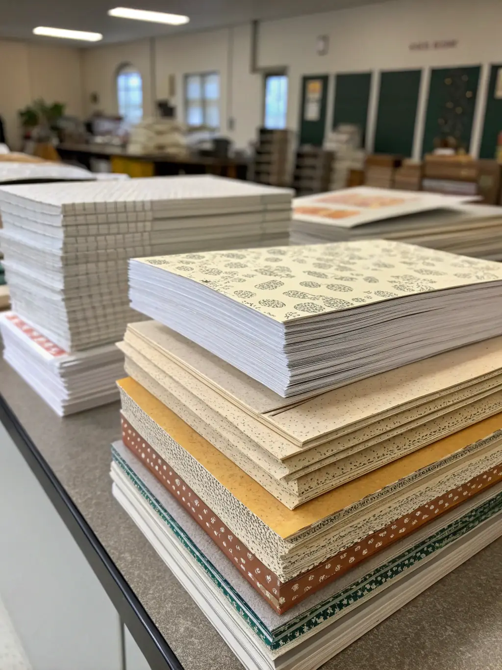 A stack of high-quality printing paper with different textures and finishes, displayed against a neutral background.
